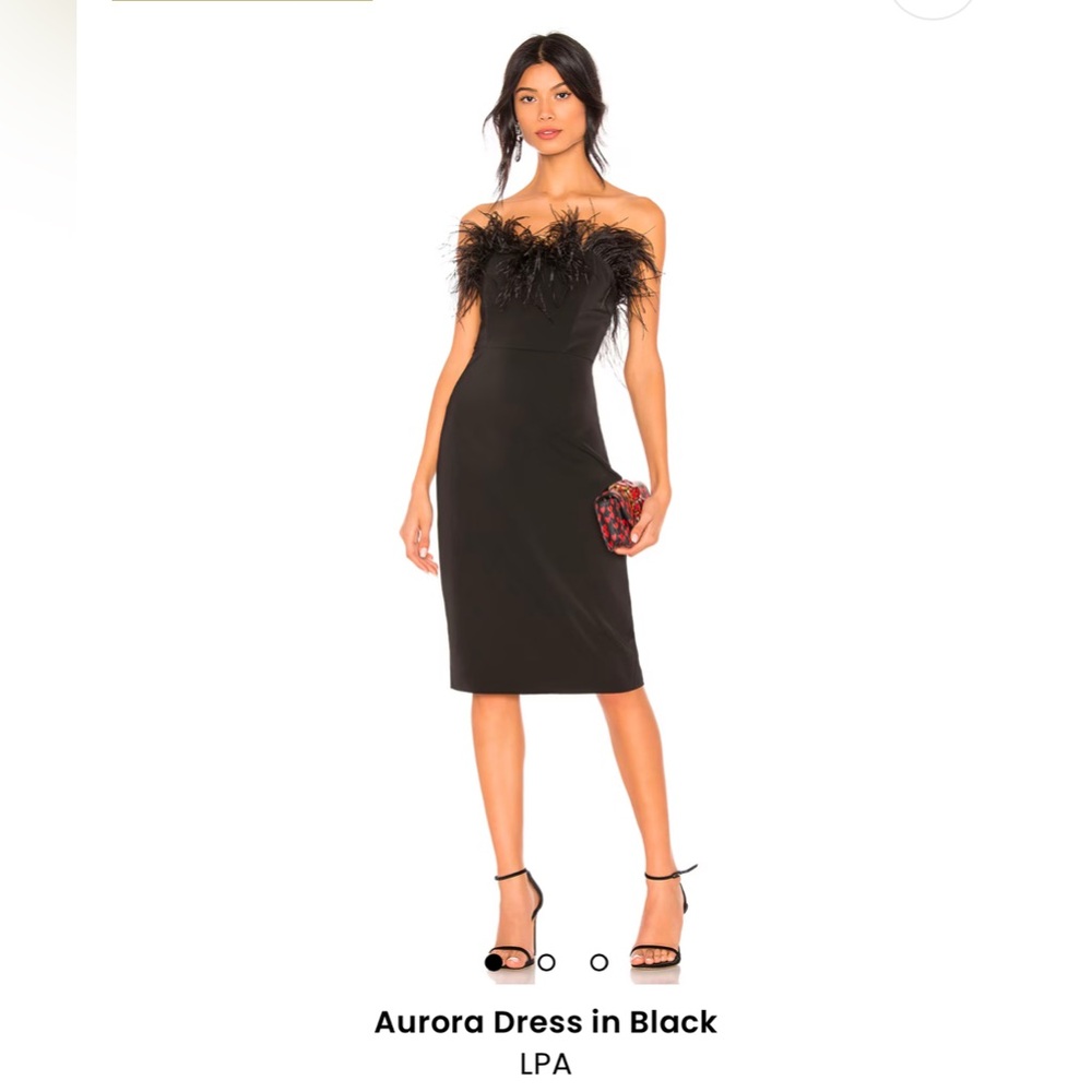 LPA Aurora Black Strapless Feather Trimmed Midi Dress - Brand New Size M
